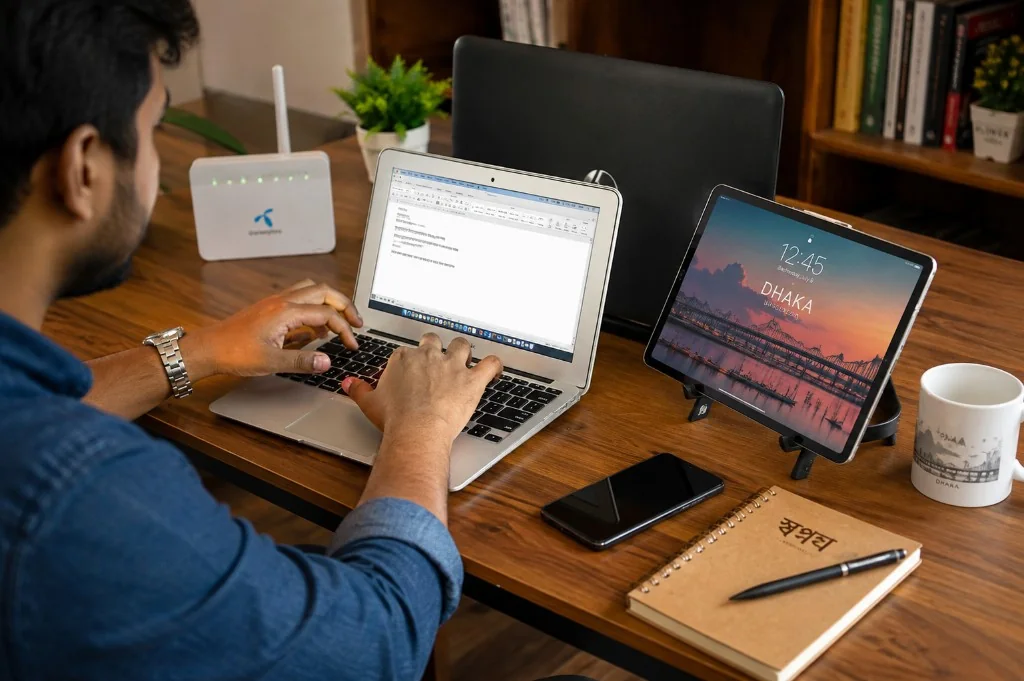 Bangladeshi professional working from home with connected devices